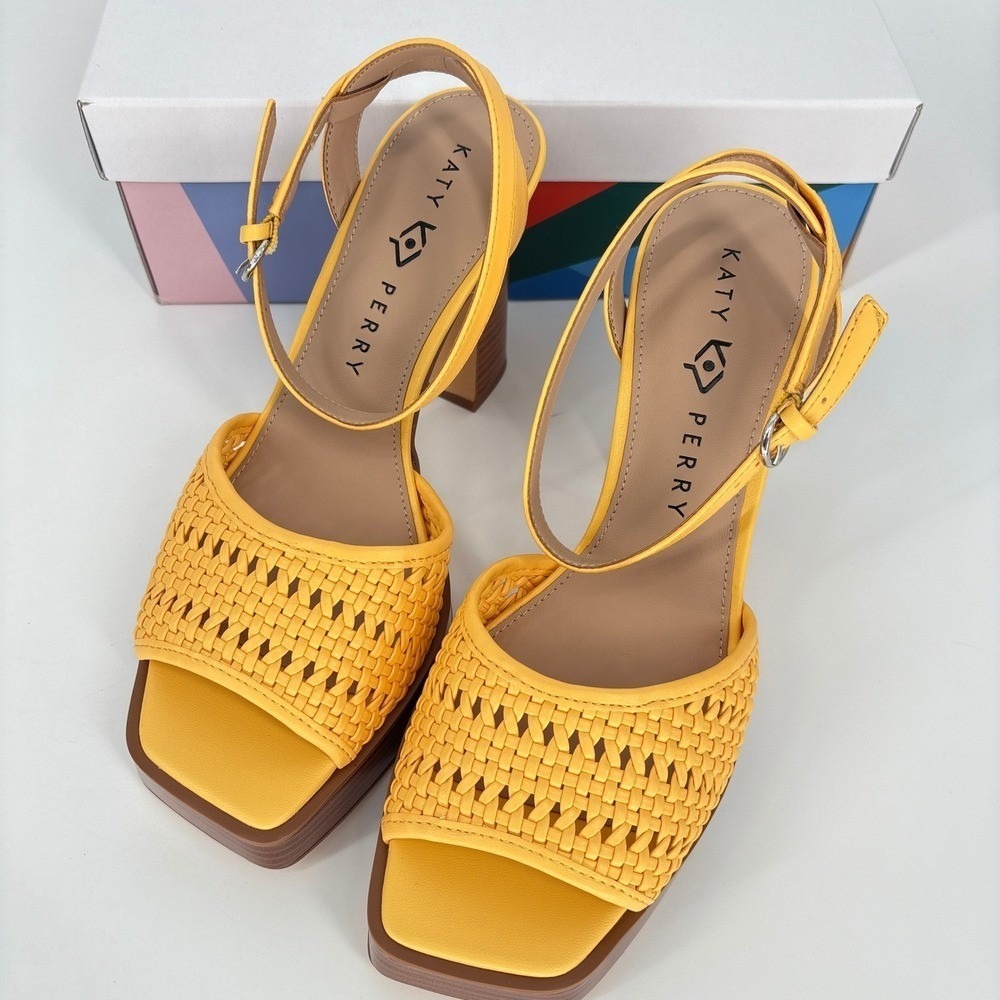 Katy Perry Platform Heels Woven Steady Ankle Strap Block Heel Sandals Yellow 8.5 - Picture 11 of 12